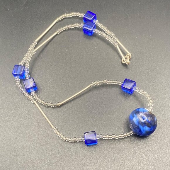 Sterling Silver 15" Necklace Artisan Cobalt Blue Art Glass Beads Minimalist Boho - Picture 3 of 7